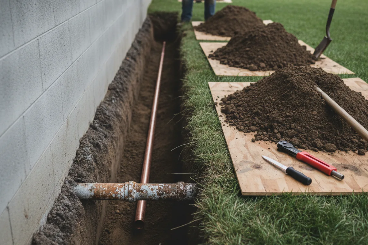 Excavated water line trench during Water Heater Repair in Stony Point